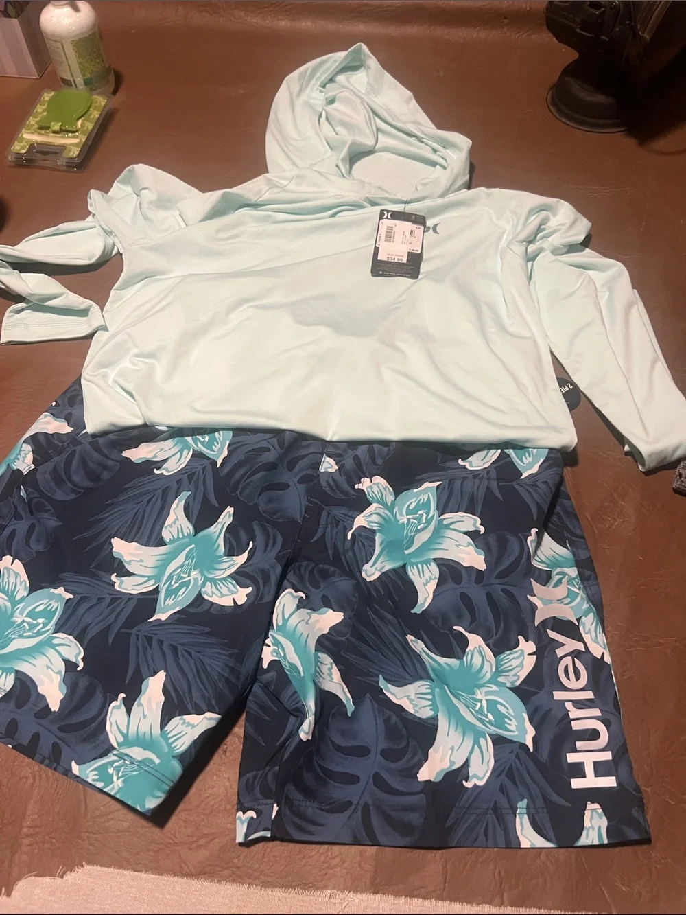 Hurley Mint Hooded Rash Guard with Navy Teal Floral Boardshorts